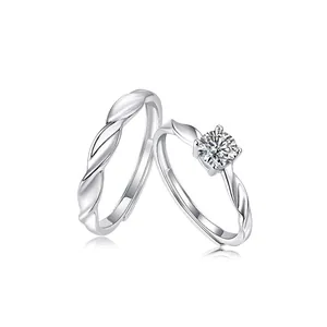 S925 sterling silver moissanite couple rings with twisted band and four-prong setting