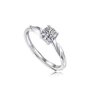 Macro detail of S925 moissanite solitaire ring with twist band and adjustable open design