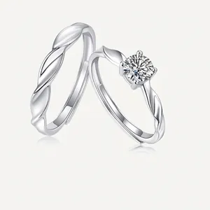 S925 Sterling Silver Moissanite Couple Rings Set Adjustable Twist Design Solitaire Moissanite Inlaid Open Ring Fashion Jewelry Gift For Lovers