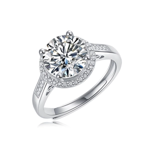 Luxurious S925 sterling silver moissanite ring with halo setting and paved band
