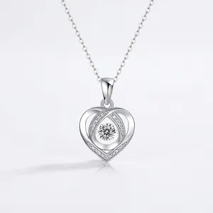 Collier Pendentif Cœur en Argent Sterling 925 avec Moissanite pour Femme Pierre Dansante Électroplaquée Strass Chaîne à Billes Bijoux Cadeau
