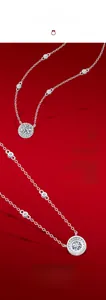 Macro shot of S925 silver moissanite necklace with shimmering round stones on dark red background