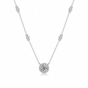 925 sterling silver moissanite pendant necklace with delicate halo setting and link chain