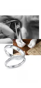 Macro shot of 925 silver moissanite couple rings featuring square cut and pave settings
