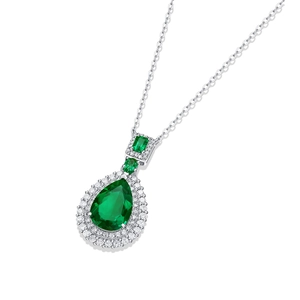 Élégant collier en argent S925 avec pendentif émeraude poire et halo de diamants brillants