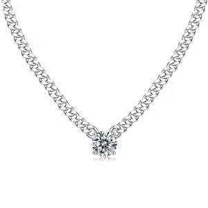 925 Sterling Silver Moissanite Necklace Round Brilliant Cut Solitaire Cuban Chain Pendant Necklace Fashion Jewelry For Women Men