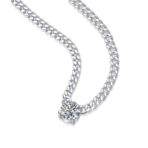 S925 sterling silver moissanite Cuban chain necklace featuring a brilliant round center stone