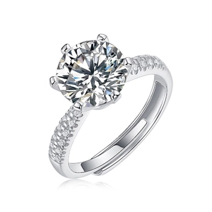 Elegant S925 sterling silver six-prong moissanite ring with side stones and open band
