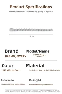 Detail of 925 sterling silver dragon bone chain with moissanite and 18cm length specification