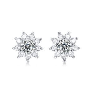 Detail of flower shaped S925 silver stud earrings with brilliant D color moissanite