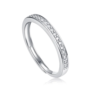 Close-up of a silver adjustable ring featuring a refined row of pavé set round zircons