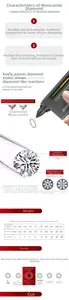 Size chart showing moissanite weight, diameter, clarity levels, and cut specifications