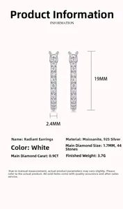 Detail view of 925 silver moissanite hoop earrings with dimensions 19mm by 2.4mm