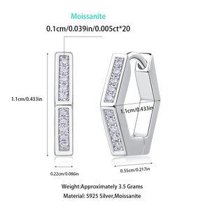 Detailed view of S925 silver hexagonal earrings featuring pave-set moissanite stones