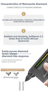 Close-up of D-color Moissanite stud earrings being tested with a professional diamond tester pen