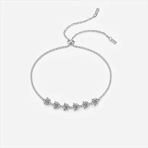 925 Sterling Silver Moissanite Bracelet For Women Sparkling D Color Moissanite Inlaid Adjustable Pull Chain Station Bracelet Fine Jewelry