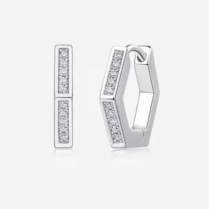 S925 sterling silver hexagonal moissanite hoop earrings with a sparkling pave setting