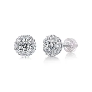 S925 sterling silver moissanite halo stud earrings with a brilliant round center stone