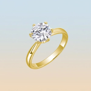 Classic S925 silver six-prong moissanite ring with polished golden finish