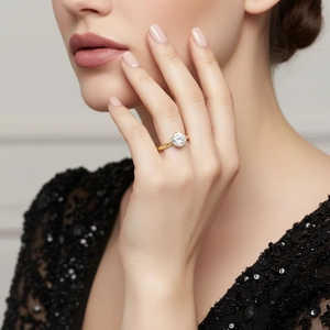 Elegant gold S925 silver ring featuring a sparkling six-prong round brilliant cut moissanite