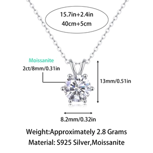 Elegant 925 sterling silver necklace with a 2ct moissanite pendant and 6-prong setting