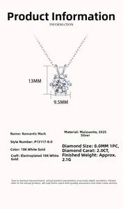 Detailed dimension guide for 2.0CT moissanite pendant necklace with 925 silver specs