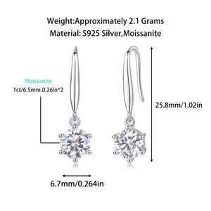 Detailed S925 silver moissanite earrings dimensions showing 25.8mm length and 6.5mm stone size