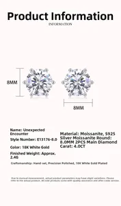 Detail view of 4.0CT moissanite stud earrings in S925 silver with six-prong setting