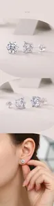 Detail of S925 sterling silver earrings with six-prong moissanite setting and model wear