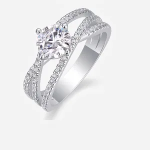 Luxury 925 Sterling Silver Moissanite Ring For Women Round Brilliant Cut Criss Cross Triple Band Engagement Wedding Ring