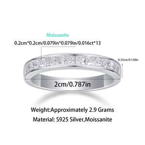 S925 sterling silver ring with square moissanite stones and detailed size measurements