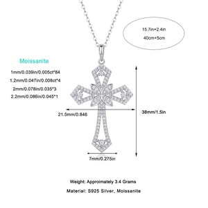 Collier avec pendentif croix en moissanite en argent S925 avec mesures détaillées
