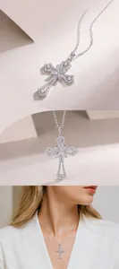Vue détaillée du collier croix en argent 925 moissanite avec artisanat floral évidé