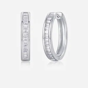 925 Sterling Silver Moissanite Hoop Earrings For Women Minimalist Baguette Cut Moissanite Pave Round Earrings Jewelry Gift