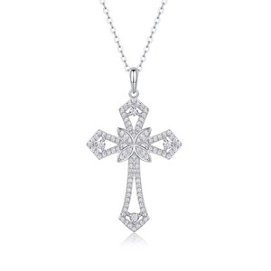 Collier croix en argent 925 moissanite avec motif floral pavé étincelant pour femme