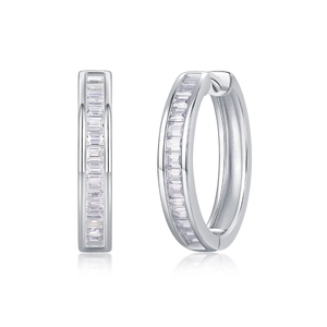 Polished S925 sterling silver hoop earrings featuring baguette-cut moissanite stones