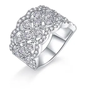 Women's S925 Sterling Silver Wide Hollow Lace Moissanite Ring Luxury Pave Moissanite Finger Ring Fashion Jewelry Wedding Party Gift