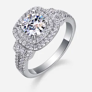 Luxury 1 Carat Round Cut Moissanite Ring 925 Sterling Silver Double Halo Inlaid Pavé Engagement Wedding Ring With GRA Certificate For Women Jewelry