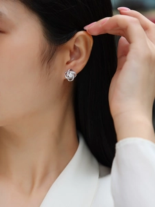 Close-up of elegant S925 silver stud earring with a sparkling moissanite on ear