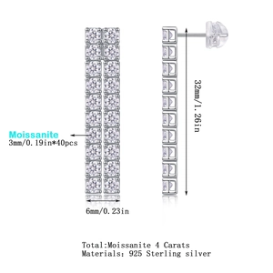 Detail of 925 silver moissanite tassel earrings showing 4ct stones and 32mm dimensions