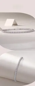 Close-up of S925 silver tennis bracelet with moissanite stones on a display stand