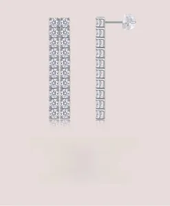 Detailed side and front view of 925 silver linear earrings with shiny moissanite stones