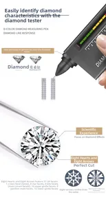 Detail of D color Moissanite earrings with 58 facets and tester pen verification