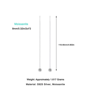 Detailed view of 2ct Moissanite drop earrings showing 118mm length and 8mm stone size