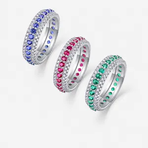 925 Sterling Silver Moissanite Eternity Ring For Women Lab Created Ruby Sapphire Emerald Triple Row Inlaid Wedding Jewelry