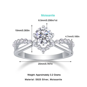 Detailed size chart of S925 silver V-shaped ring featuring 1ct moissanite center stone