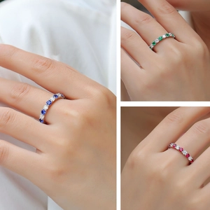 S925 sterling silver eternity band rings with blue, green, and red gemstones for women