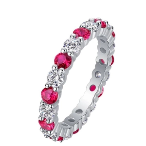 S925 sterling silver eternity ring featuring alternating round red and white gemstones