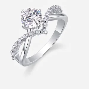 925 Sterling Silver Ring Round Moissanite Engagement Ring V-Shaped Inlaid Wedding Jewelry Gift For Women Girls Fashion
