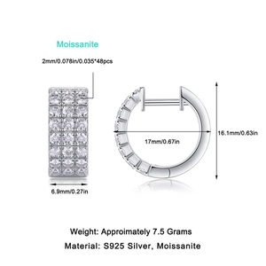 Boucles d'oreilles créoles en argent S925 avec moissanite et serti pavé à trois rangs
